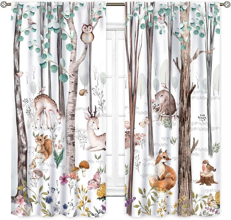TKUYO Woodland Curtains for Kids Room Nursery, Rustic Woodland Wild Animals Watercolor Forest Bear Deer Fox Country Blackout Window Draeps for Baby Girls Boys Bedroom Living Room 2 Panels Set, 52"x84" Inch - Image 2